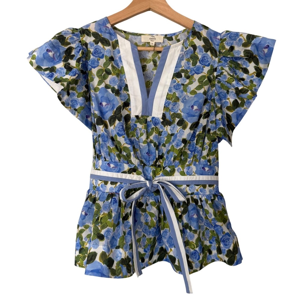 Entro Blue Floral Ruffle Sleeve Peplum Top Small V-Neck T26220 Cotton Smocked